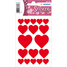 Rote Herzaufkleber auf einem Bogen, verschiedene Größen und Formen, mit dem Titel "Love Stickers" oben.