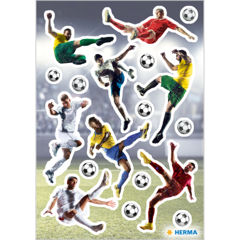 Fußballspieler in verschiedenen Posen, die den Ball treten oder springen, umgeben von Fußballsymbolen.