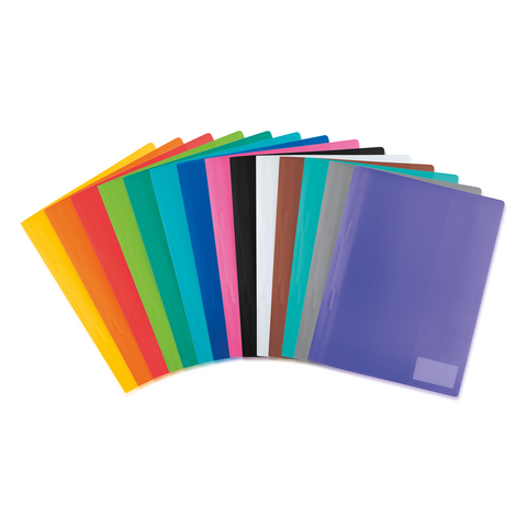 Bunte, transparente Ordner in einer Reihe, angeordnet von schwarz über grau, rot, orange, gelb, grün bis blau und klar.
