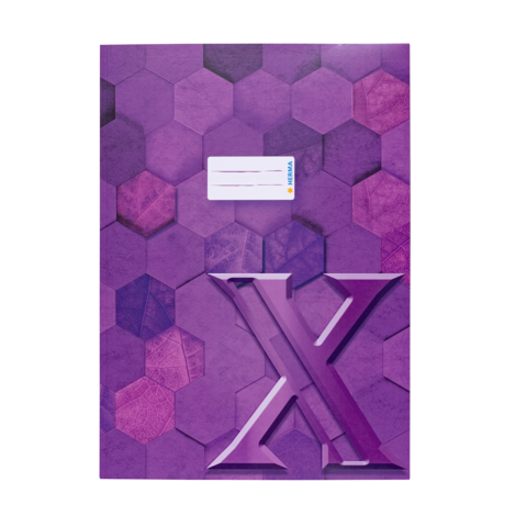 Lila Heft mit hexagonalem Muster und einer großen, hervorgehobenen "X"-Grafik auf der Vorderseite.