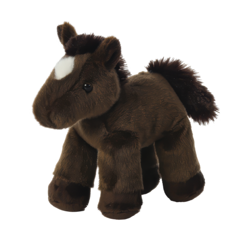 Braunes Plüschpferd mit einem weißen Fleck auf der Stirn und einem buschigen Schwanz, steht aufrecht und hat große, freundliche Augen.
