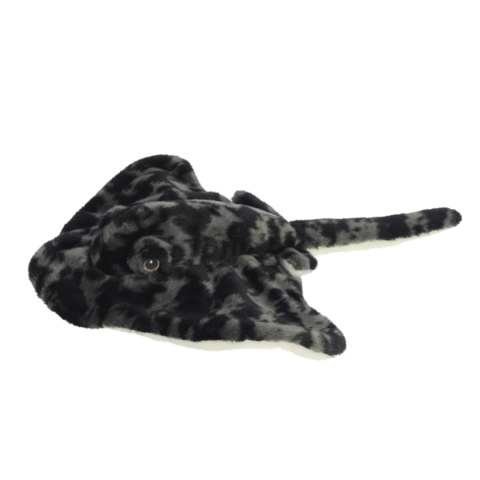 Plüsch-Manta-Rochen in Schwarz und Grau mit einem weichen, gefleckten Design und einem langen Schwanz.