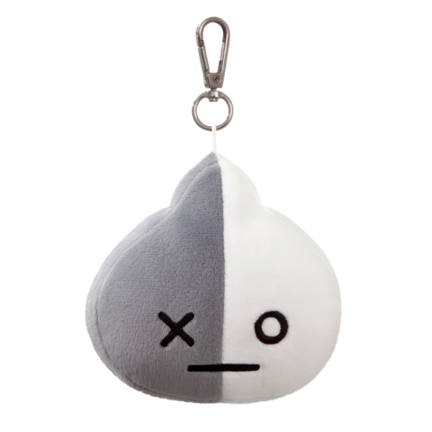 Plüschanhänger in Form eines halb grauen, halb weißen Tropfens mit einem neutralen Gesicht und einem Clip zum Befestigen.