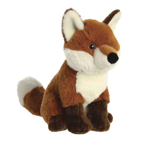 Plüschfuchs mit braunem Fell, weißen Akzenten und aufmerksamen Augen, sitzt aufrecht und hat einen buschigen Schwanz.
