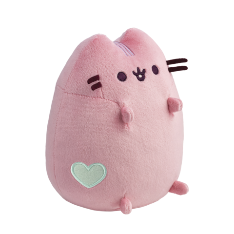 Kuscheltier in Form einer Katze, rosa mit einem Herz auf der Seite und einem lächelnden Gesicht.