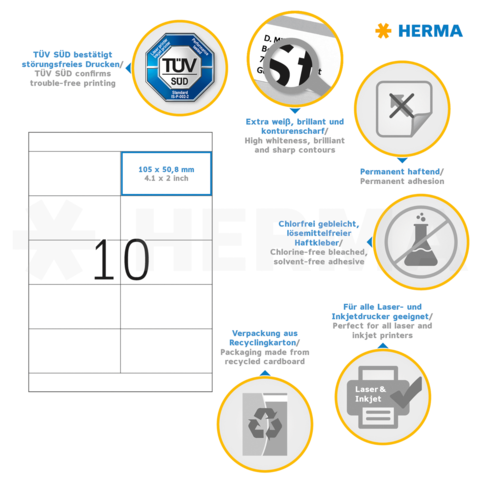 Etikettenblatt mit 10 Etiketten, 105 x 50,8 mm, für Laser- und Inkjetdrucker, umweltfreundlich und permanent haftend.