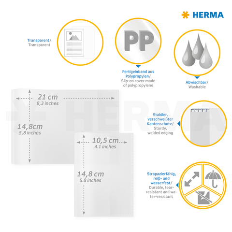 Transparente Polypropylen-Hüllen aus abwischbarem Material, mit stabilen Kanten und wasserfesten Eigenschaften. Maße: 21 x 14,8 cm und 10,5 x 14,8 cm.