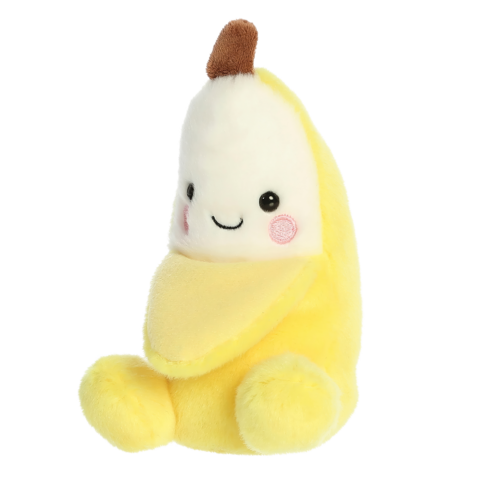 Kuscheltier in Form einer Banane mit einem lächelnden Gesicht und rosigen Wangen, sitzend und in leuchtendem Gelb.