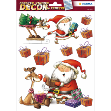 Weihnachtliche Fensterdekoration mit einem Weihnachtsmann, einem Rentier, einer tanzenden Figur und mehreren Geschenken.