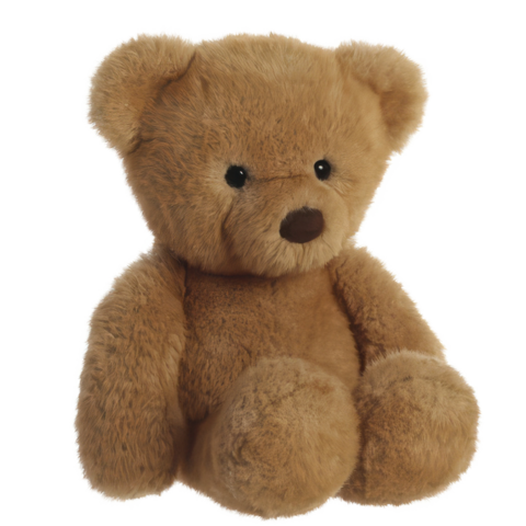 Ein brauner Teddybär mit runden Ohren und schwarzen Augen sitzt aufrecht. Der Bär hat ein weiches, plüschiges Fell und eine kleine, braune Nase.