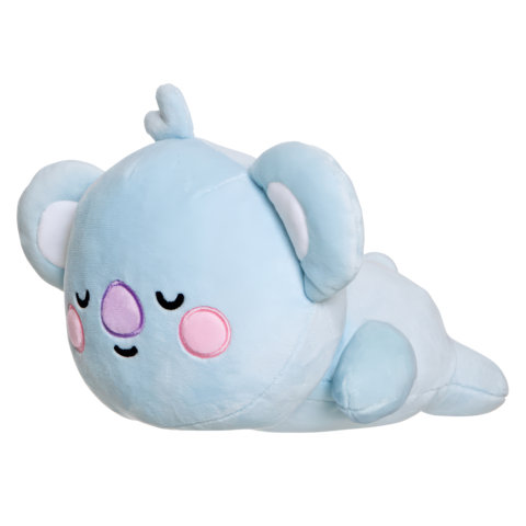 Kuscheliger, blauer Koala-Plüsch mit geschlossenen Augen und einem lächelnden Gesicht, auf einer flachen Oberfläche liegend.