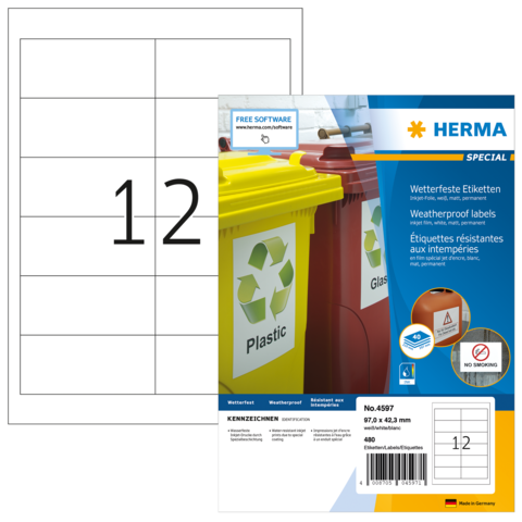 Wetterfeste Etiketten von Herma, Packung mit 480 Etiketten, zeigt Recycling-Symbole und die Nummer 12.
