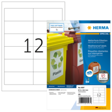 Wetterfeste Etiketten von Herma, Packung mit 480 Etiketten, zeigt Recycling-Symbole und die Nummer 12.