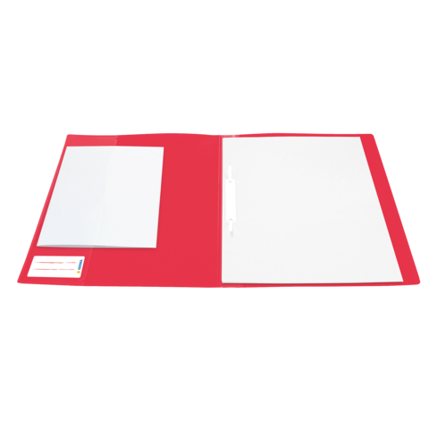Roter Ordner mit einem leeren Blatt Papier und einer Klarsichthülle auf der linken Seite. Rechts ist ein leerer Bereich für Dokumente.
