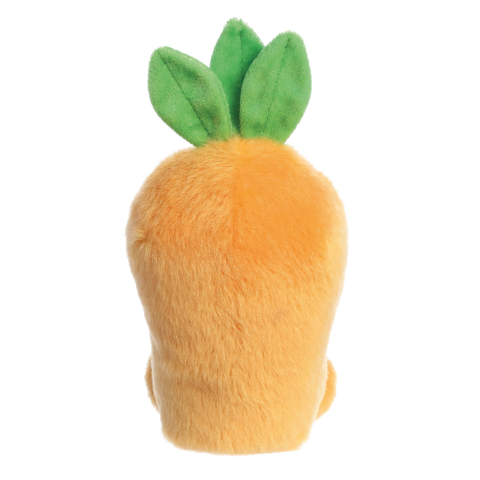 Ein weiches, orangefarbenes Plüschtier in Form einer Karotte mit grünen Blättern oben.