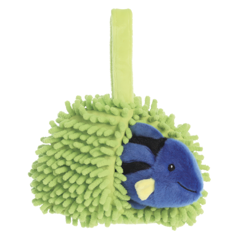 Plüschspielzeug in Form eines igelähnlichen Wesens mit blauer Schnauze und grüner, stacheliger Oberfläche.