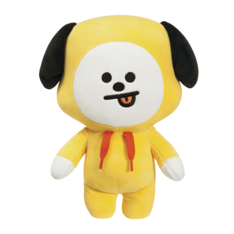 Plüschfigur eines Hundes mit gelbem Anzug und schwarzem Ohr, lächelnd mit einer Zunge, steht aufrecht.