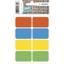 Bunte Etiketten in verschiedenen Farben (rot, orange, blau, gelb, grün) auf einem weißen Hintergrund, beschriftet mit "Home Labels" und "Étiquettes ménagères".