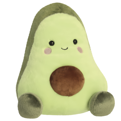 Kuscheliges Avocado-Plüschtier mit einem lächelnden Gesicht, runden Formen und einer braunen Mitte.
