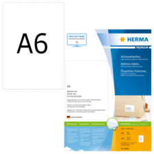 A6 Adressetiketten von HERMA, inklusive kostenloser Software, für den Druck von Adressaufklebern. Verpackungsdetails und Maße sind angegeben.