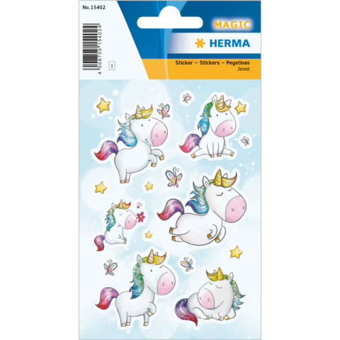 Bunte Einhorn-Sticker mit verschiedenen Posen, umgeben von Sternen und Schmetterlingen, auf einer hellen Hintergrundkarte.