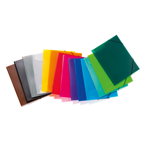 Bunte Klarsichthüllen in verschiedenen Farben, angeordnet in einer Reihe, darunter Rot, Blau, Grün, Gelb und Pink.