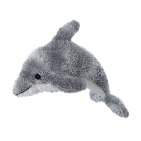 Ein grauer Plüschdelfin mit aufgestellten Flossen und einem freundlichen Gesichtsausdruck.
