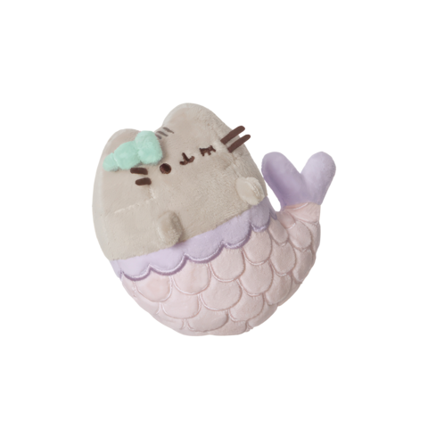Plüschfigur einer Katze mit Meerjungfrauen-Schwanz, in sanften Farben und mit einem kleinen Hut.