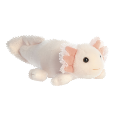 Plüschfigur eines Axolotls mit rosa Akzenten, liegend und mit großen, runden Augen.