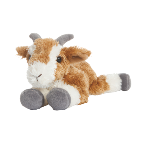 Plüschziege mit braun-weißen Fell und grauen Pfoten, liegend und mit aufmerksamen Augen.