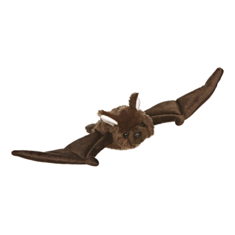 Ein brauner Plüschfledermaus mit ausgestreckten Flügeln und kleinen Ohren, die in einer fliegenden Position dargestellt ist.