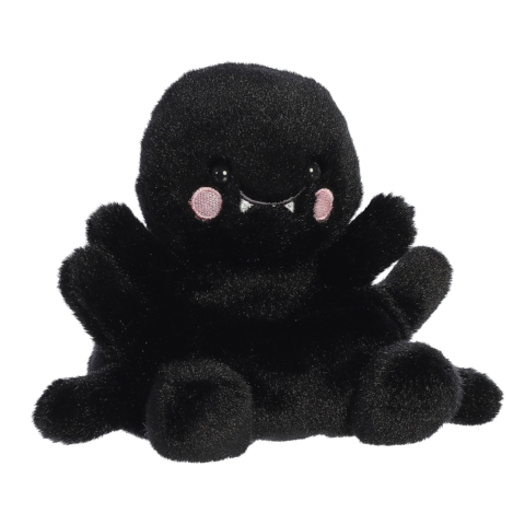 Schwarzes, weiches Plüschspielzeug in Form einer freundlichen Spinne mit großen Augen und kleinen Zähnchen.