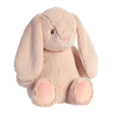 Kuschelhase mit langen Ohren und weichem, rosa Fell, sitzt aufrecht und hat einen freundlichen Gesichtsausdruck.