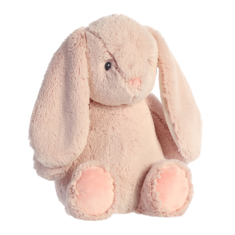 Kuschelhase mit langen Ohren und weichem, rosa Fell, sitzt aufrecht und hat einen freundlichen Gesichtsausdruck.