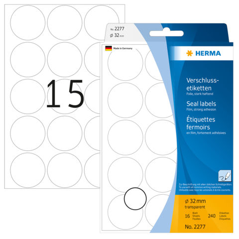 Verschlussetiketten in transparentem Design, 32 mm Durchmesser, 240 Stück, verpackt in einer blauen und weißen Verpackung.
