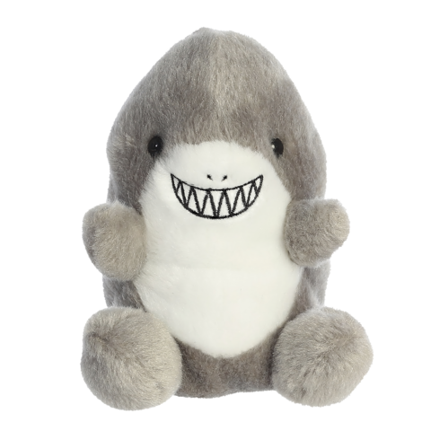 Plüschhai mit grauem Fell, breitem Lächeln und runden, freundlichen Augen. Er sitzt aufrecht und hat kurze, runde Flossen.