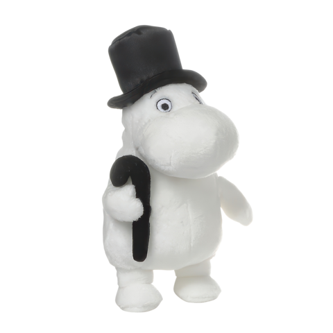 Ein weißes, plüschiges Wesen mit einem schwarzen Zylinder und einem Gehstock steht aufrecht.