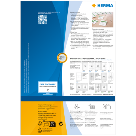 Stabile Aufkleber von HERMA, mit QR-Code und Informationen zu Software und Produkten. Enthält eine Tabelle mit Größen und Formaten.