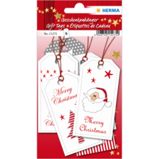Geschenkanhänger mit Weihnachtsmotiven, darunter ein Weihnachtsmann und der Text "Merry Christmas" in verschiedenen Designs und Farben.