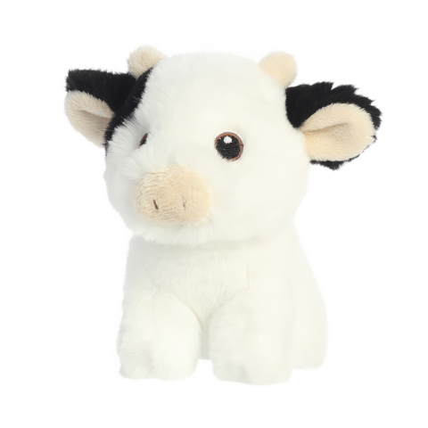 Plüschkuh mit weißen und schwarzen Flecken, großen Augen und einem freundlichen Gesichtsausdruck.