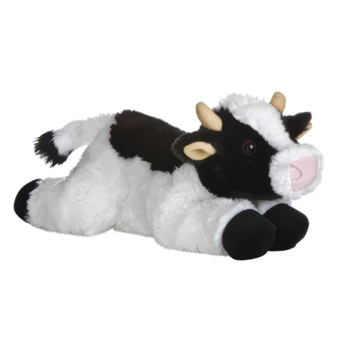 Plüschkuh in liegender Position, schwarz-weiß mit Hörnern und einem freundlichen Gesichtsausdruck.