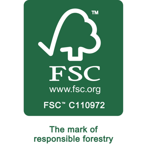 FSC-Logo, das verantwortungsvolle Forstwirtschaft kennzeichnet, mit der Website www.fsc.org und der Zertifizierungsnummer FSC C110972.