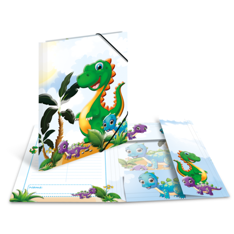 Ein buntes Notizbuch mit einem grünen Dinosaurier und niedlichen, cartoonhaften Dinosaurierfiguren auf dem Cover und den Innenseiten.