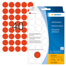 Runde, rote Haftetiketten auf einem Bogen, mit der Aufschrift "40". Verpackung zeigt Details zu Größe und Anzahl der Etiketten.
