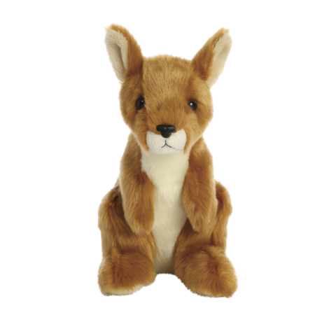 Braunes Plüschkänguru mit aufrechten Ohren und einem weißen Bauch, sitzt aufrecht und blickt nach vorne.