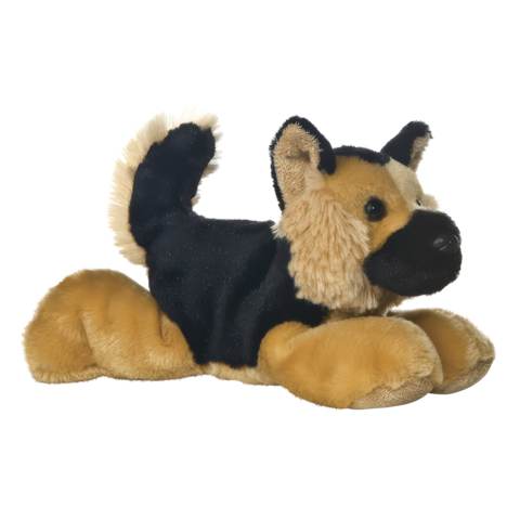 Plüschspielzeug eines Deutschen Schäferhundes, liegend mit braun-schwarzem Fell und aufmerksamen Augen.