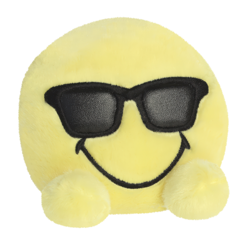 Gelbes, rundes Plüschtier mit Sonnenbrille und lächelndem Gesicht.