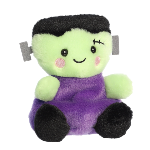 Kuscheltier in Form eines fröhlichen Frankenstein-Monsters mit grüner Haut, schwarzem Haar und lila Kleidung.