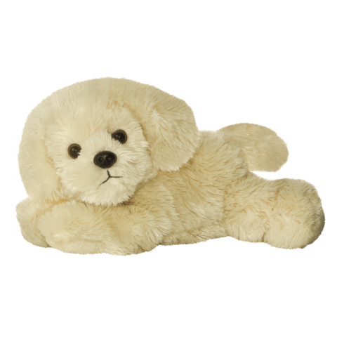 Ein liegendes, plüschiges Hundespielzeug in hellbeiger Farbe mit großen Augen und einem freundlichen Gesichtsausdruck.