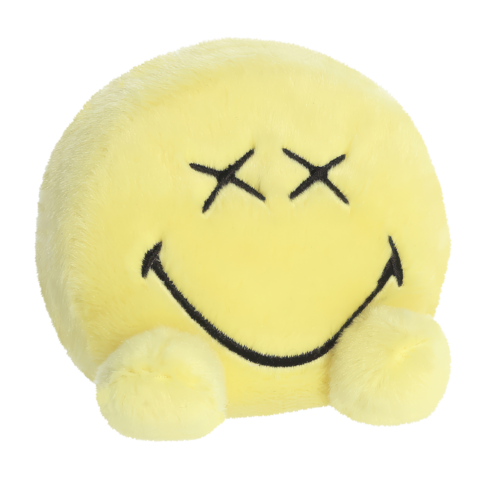 Gelbes, rundes Plüschtier mit einem lächelnden Gesicht und zwei X-Augen, das eine verspielte und humorvolle Ausstrahlung hat.
